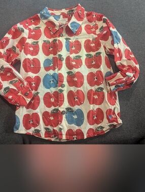 Pink Chicken Blue Rooster Apple Print Button Down Shirt